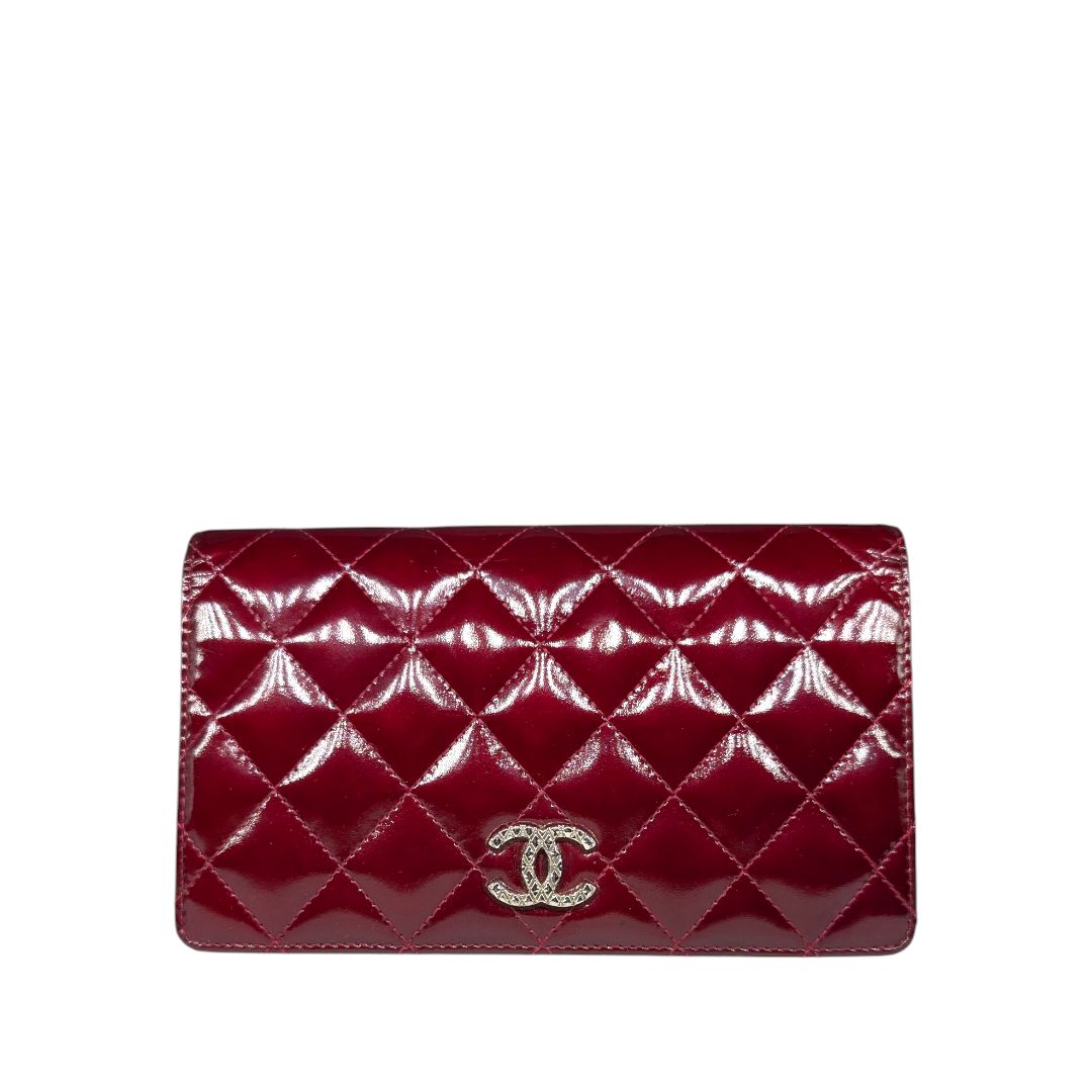 Chanel Patent Leather Quilted Brilliant L Yen Burgundy Wallet