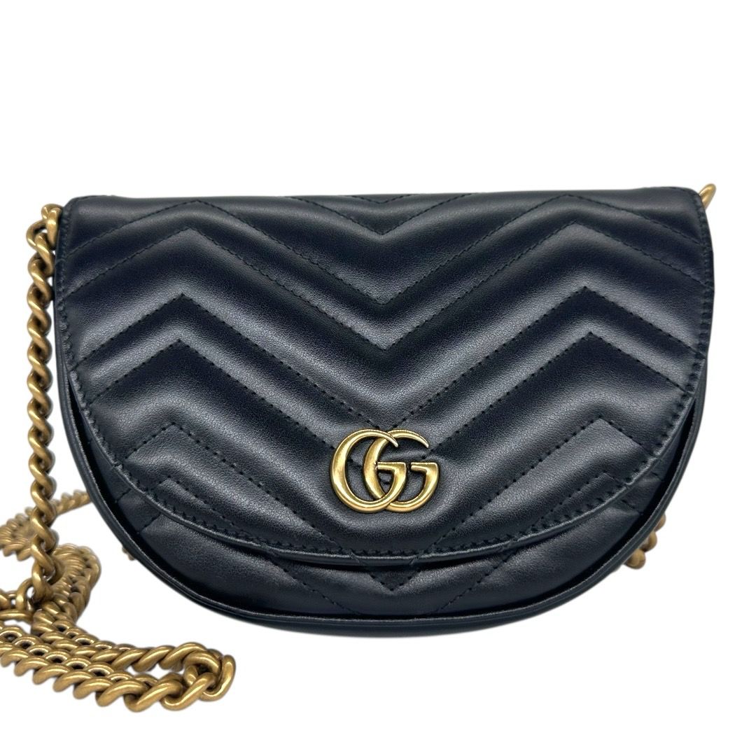 Gucci Calfskin Matelasse Mini GG Marmont Chain Half Moon Crossbody