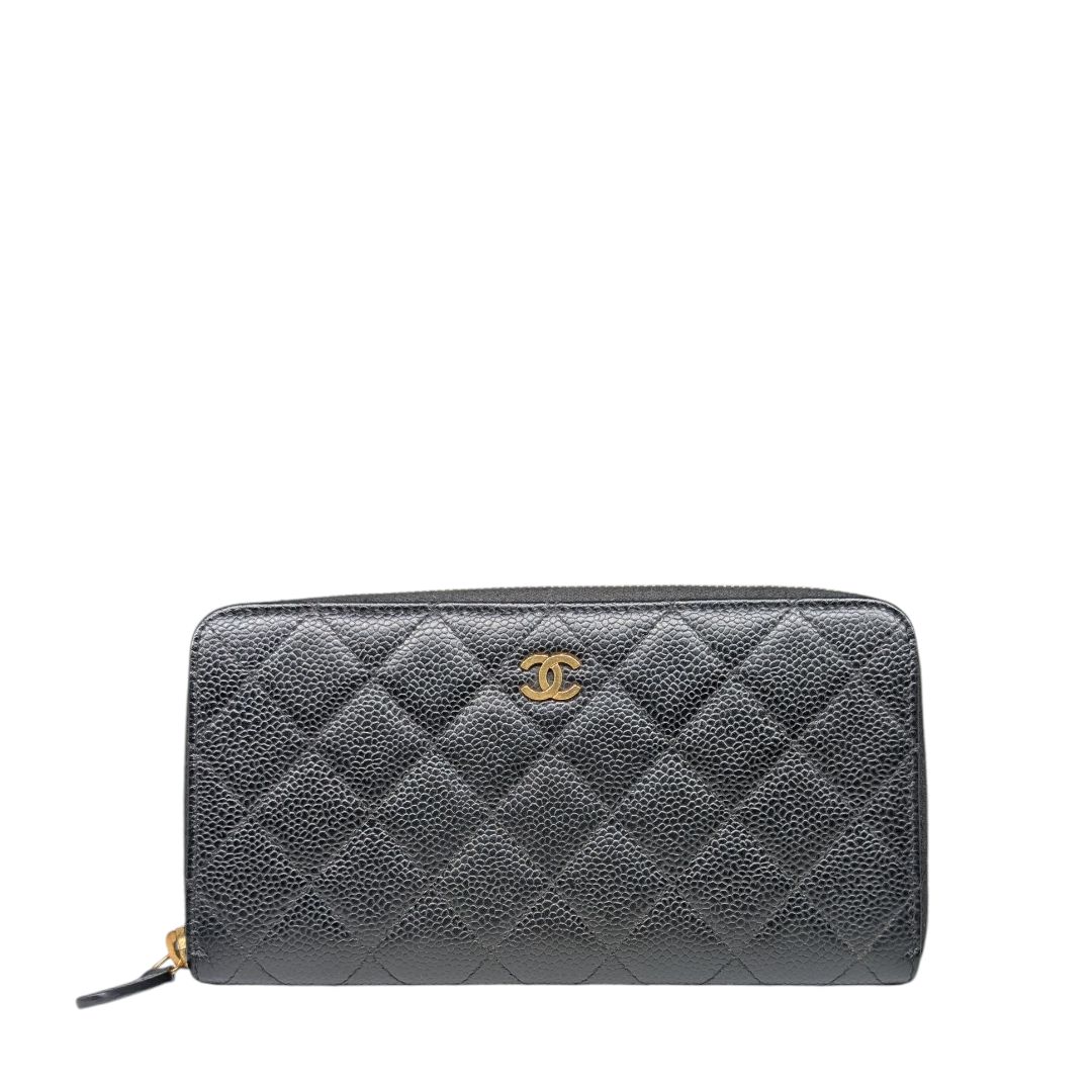 Chanel Black Caviar Quilted Large Gusset Zip Around Wallet