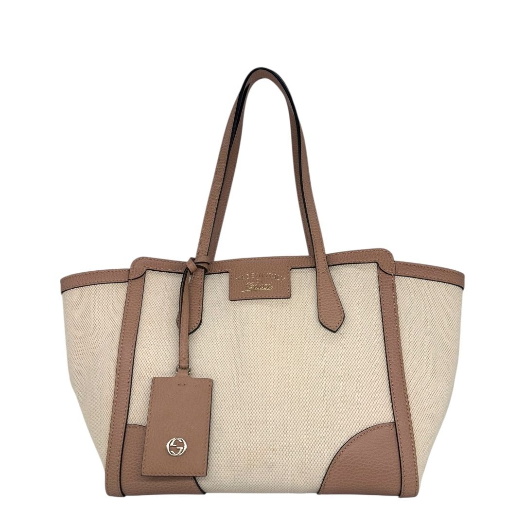 Gucci Linen Canvas Dollar Calfskin Small Swing Tote