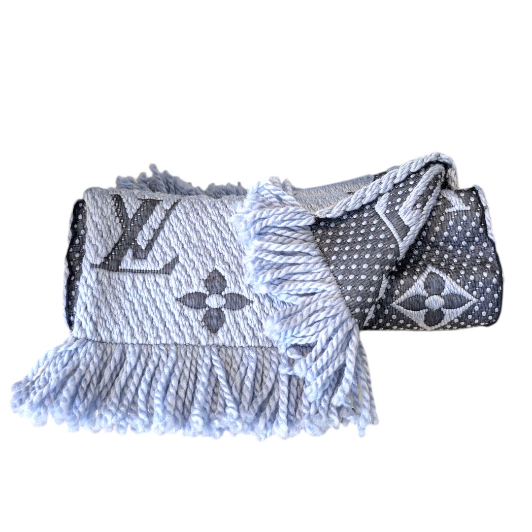 Louis Vuitton Wool Silk Logo Mania Blue Scarf