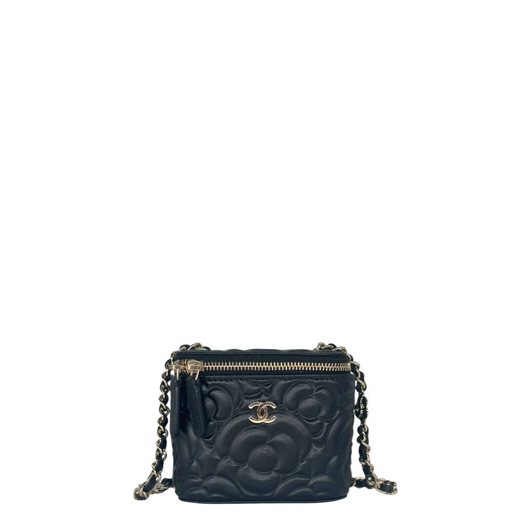 Chanel Lambskin Camellia Embossed Mini Vanity Case With Chain