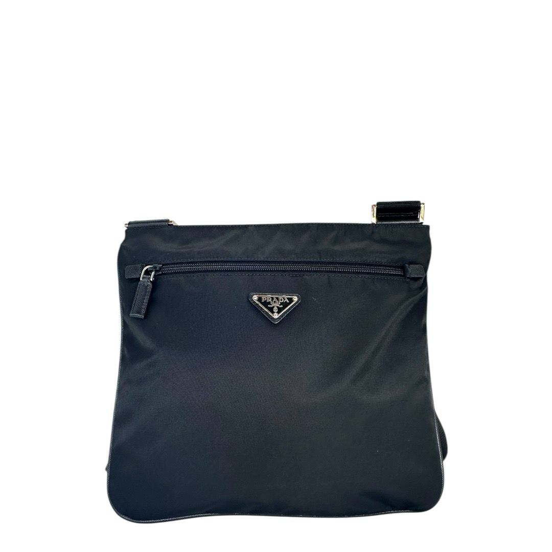 Prada Nylon Saffiano Double Zippered Flat Messenger Bag