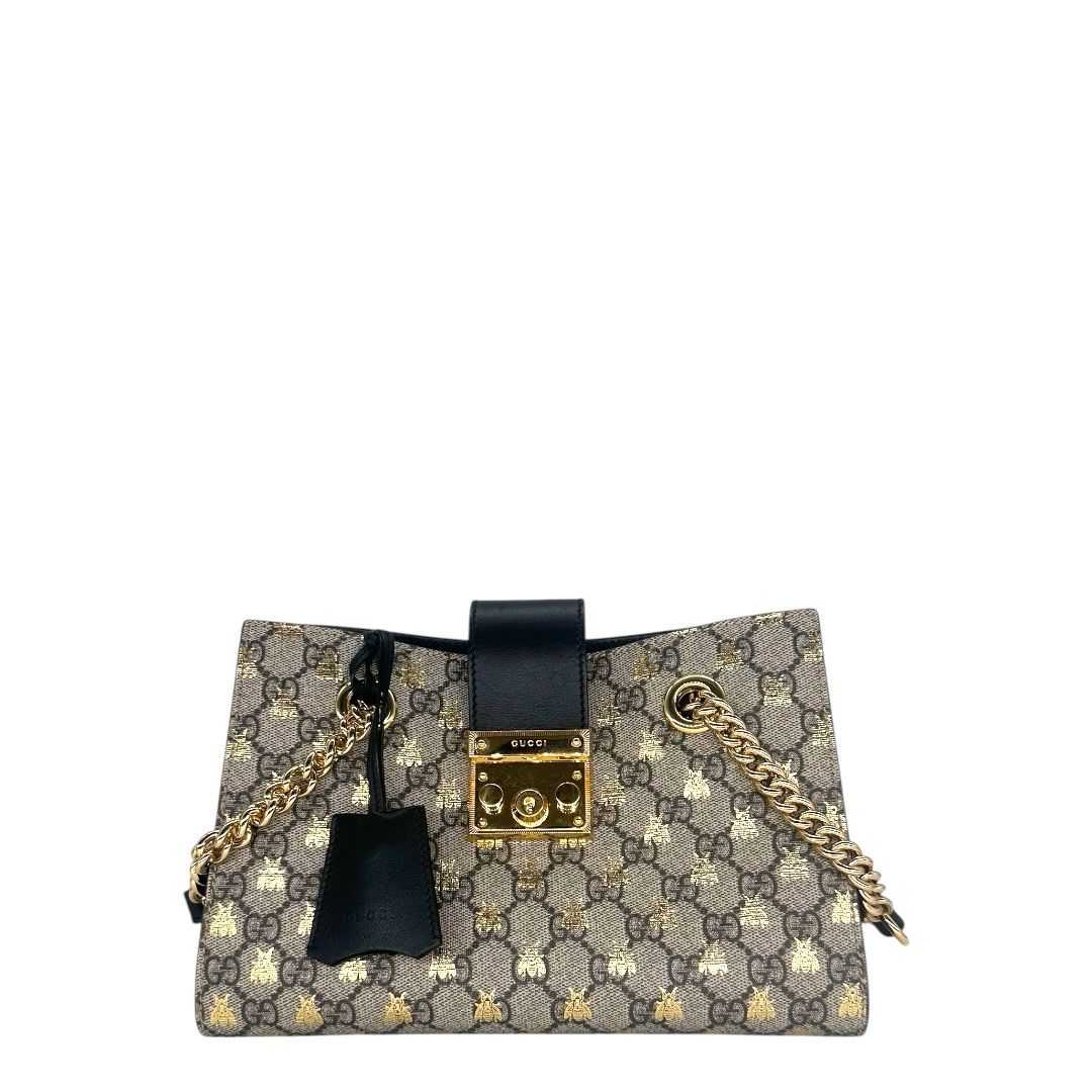 Gucci GG Supreme Monogram Bees Small Padlock Tote Beige Oro Black