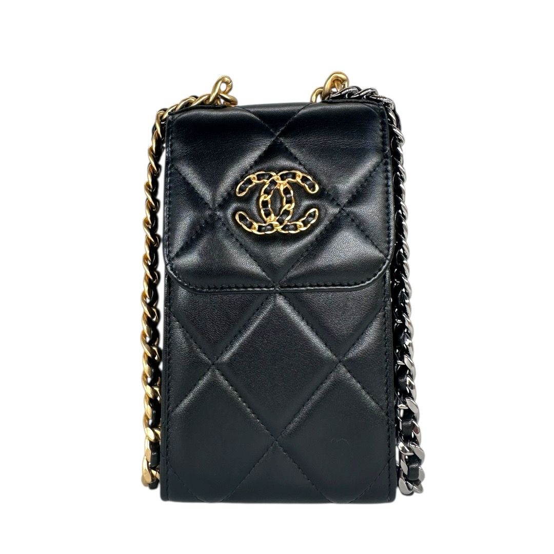 Chanel Black Lambskin Quilted Chanel 19 Phone Holder With Chain