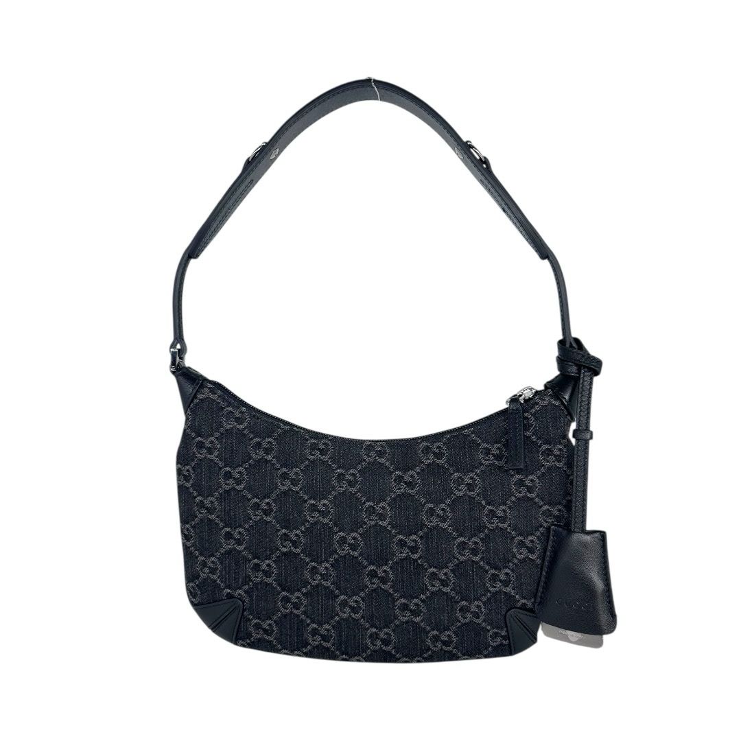 Gucci Jacquard Black Denim GG Monogram Horsebit Shoulder Bag