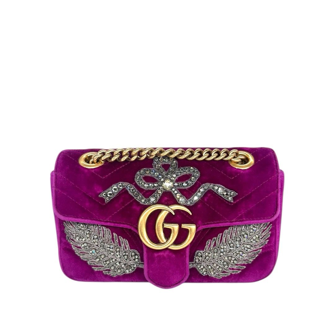 Gucci Velvet Matelasse Embroidered GG Marmont Bag