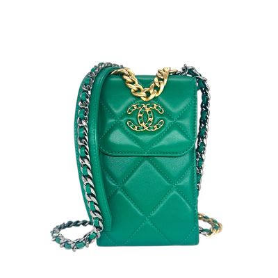 Chanel Green Lambskin Quilted Chanel 19 Phone Holder With Chain