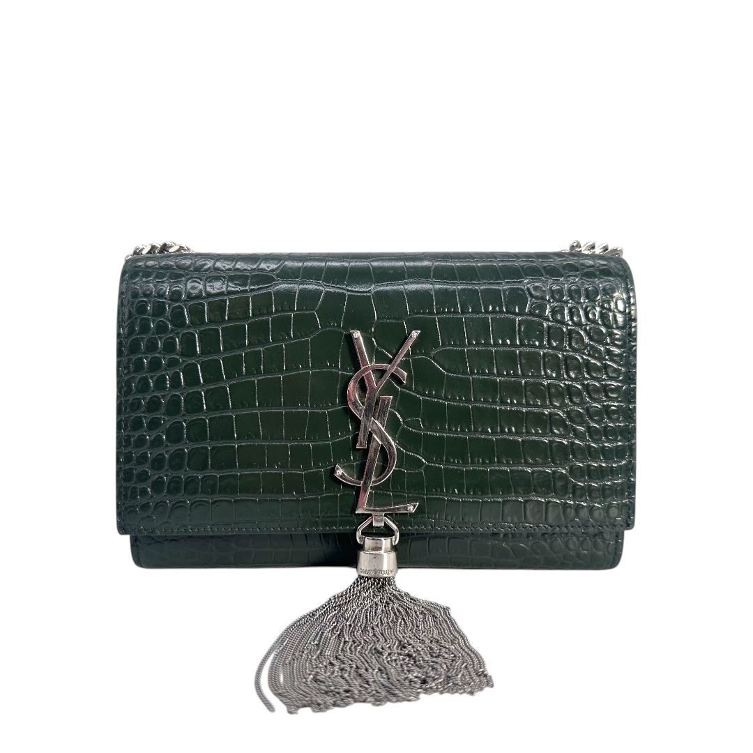 Saint Laurent Calfskin Crocodile Embossed Small Kate Tassel Satchel