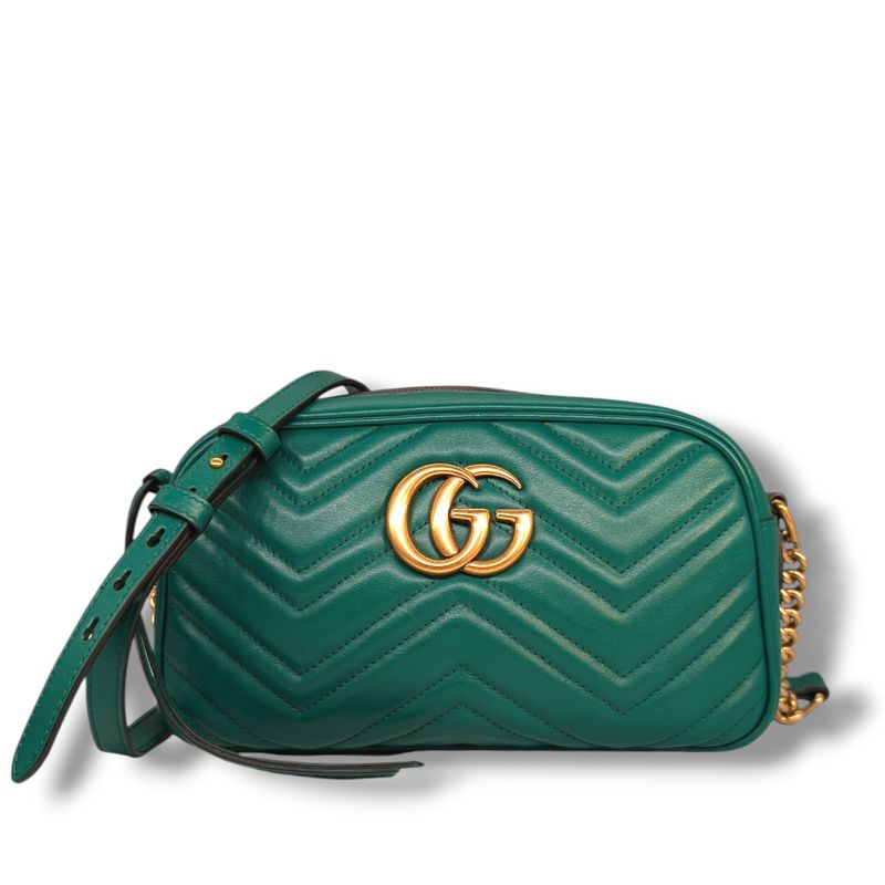Gucci Calfskin Matelasse Small GG Marmont Chain Shoulder Bag Green