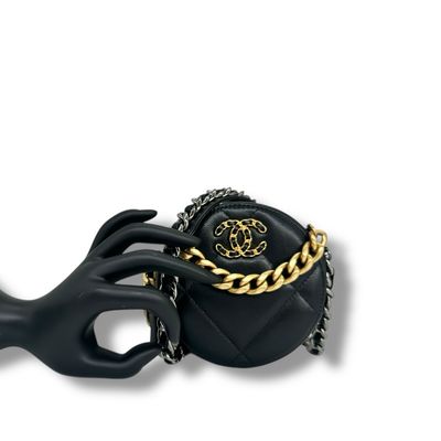 Chanel Lambskin Quilted Chanel 19 Round Clutch with Chain (Black)