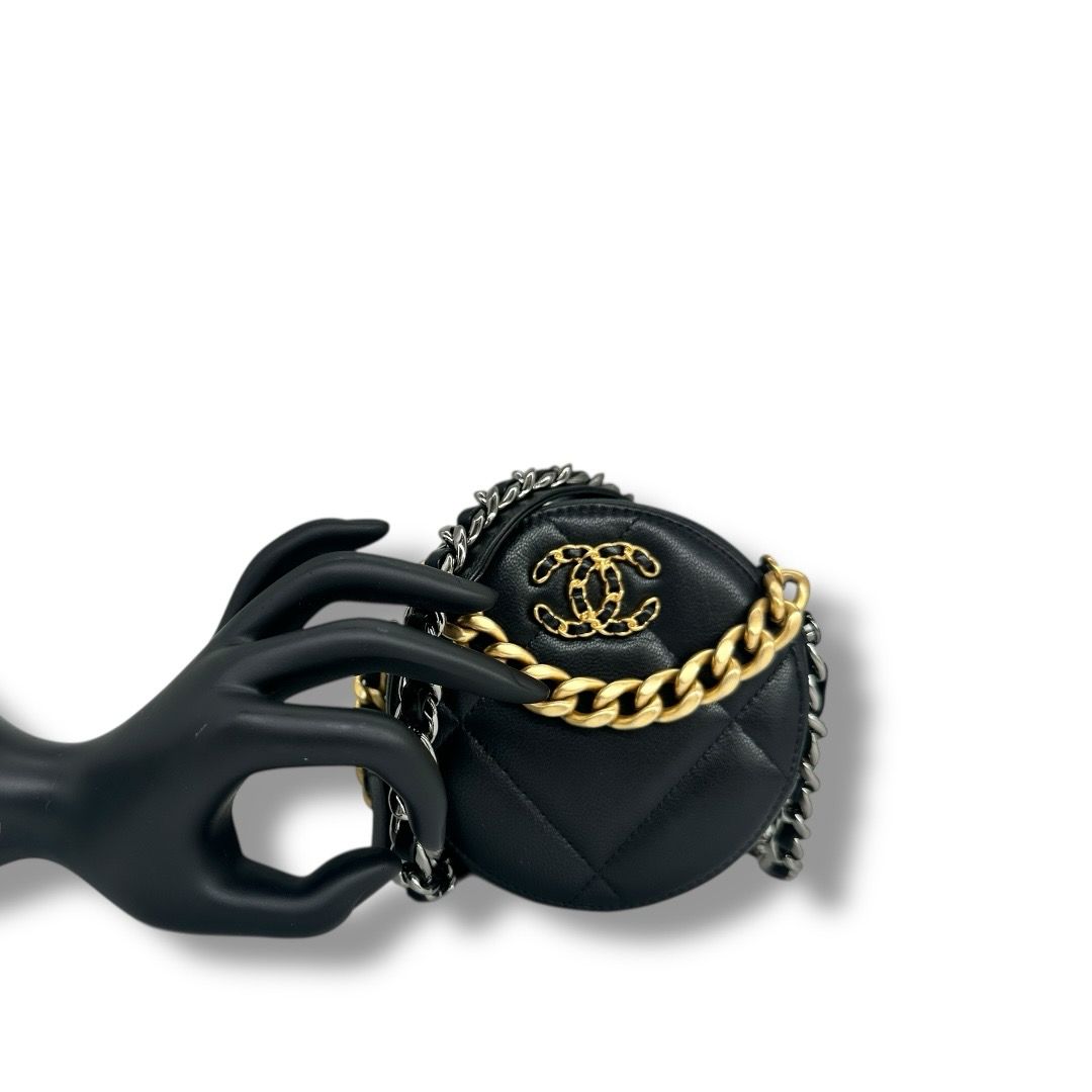 Chanel Lambskin Quilted Chanel 19 Round Clutch with Chain (Black)