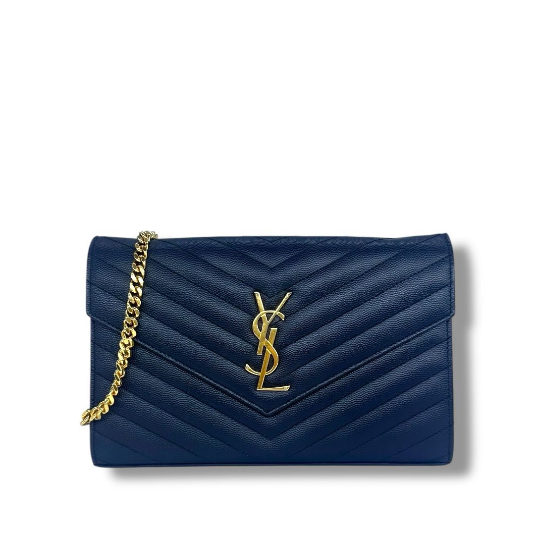 Saint Laurent Small Grain De Poudre Matelasse Chevron Monogram Envelope Chain Wallet (Navy)