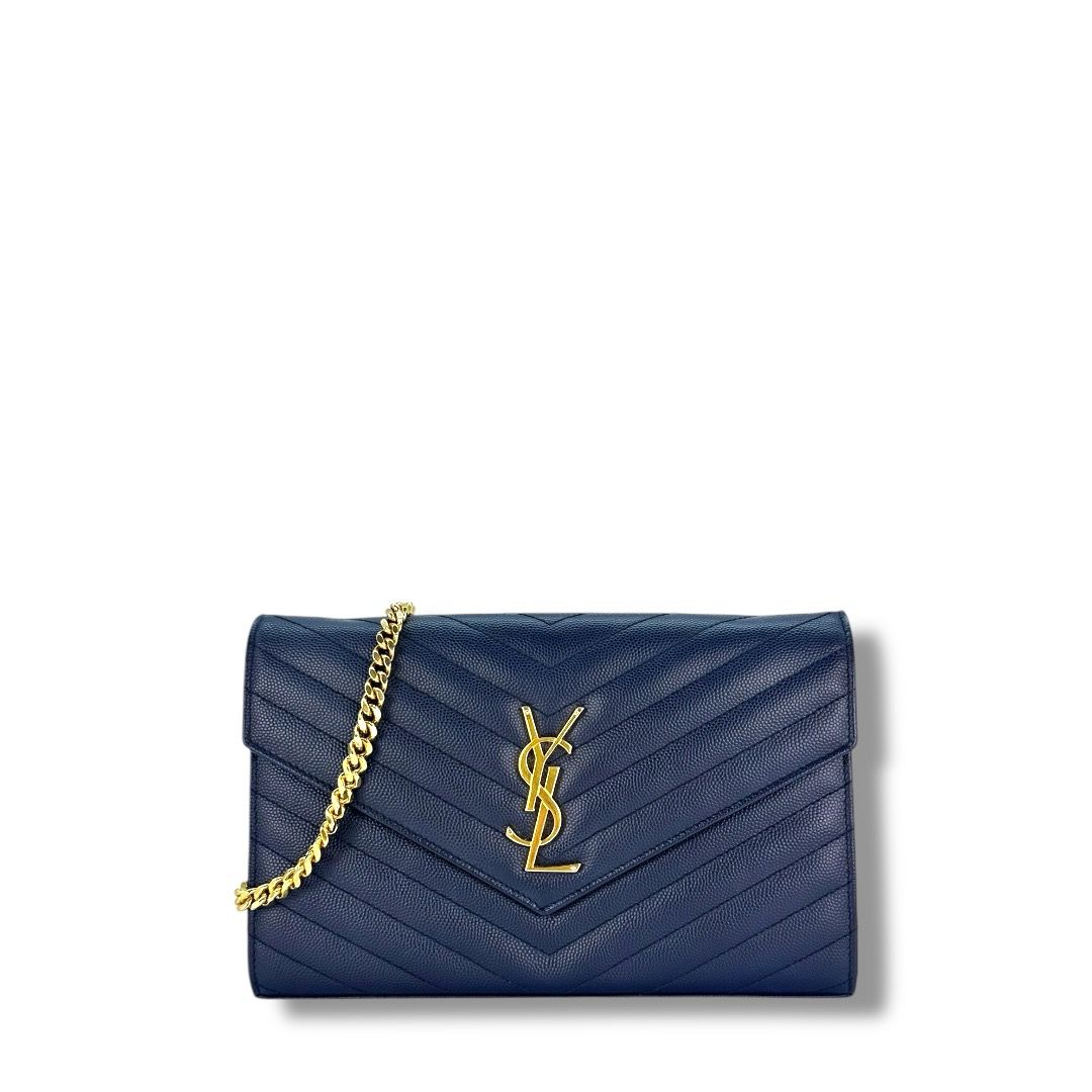 Saint Laurent Small Grain De Poudre  Envelope Chain Wallet (Navy)