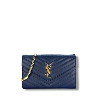 Saint Laurent Small Grain De Poudre  Envelope Chain Wallet (Navy)