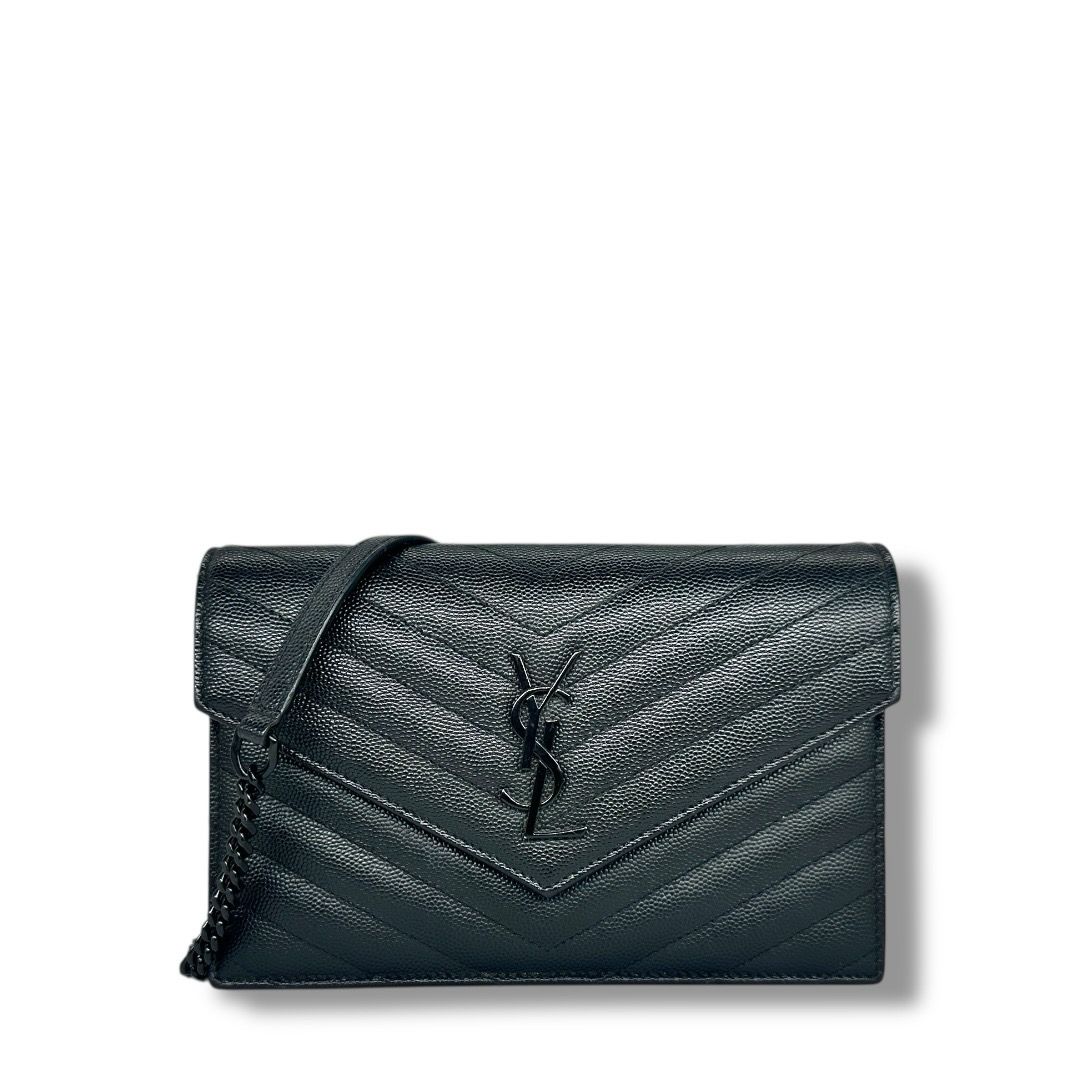 Saint Laurent Small Grain De Poudre Matelasse Chevron Monogram Envelope Chain Wallet (Black)