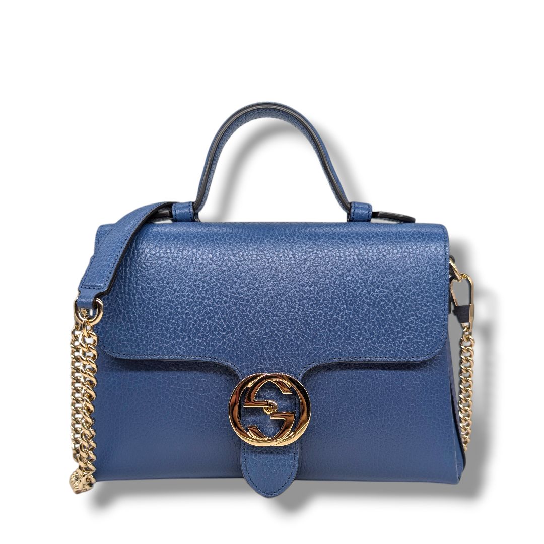Gucci Dollar Calfskin Interlocking G Top Handle Shoulder Bag Camelia (Blue)