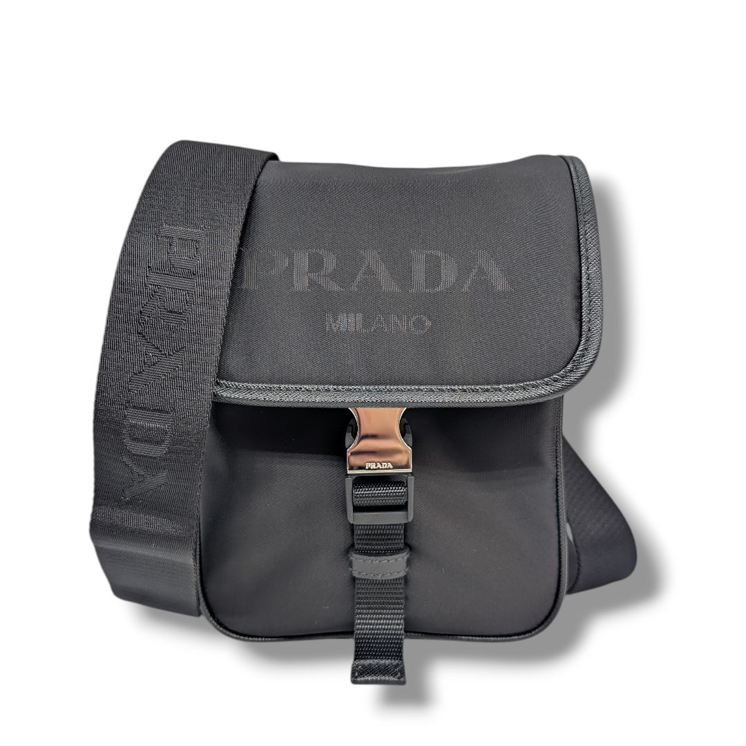 Prada Black Leather and Re-nylon Flap Messenger Bag