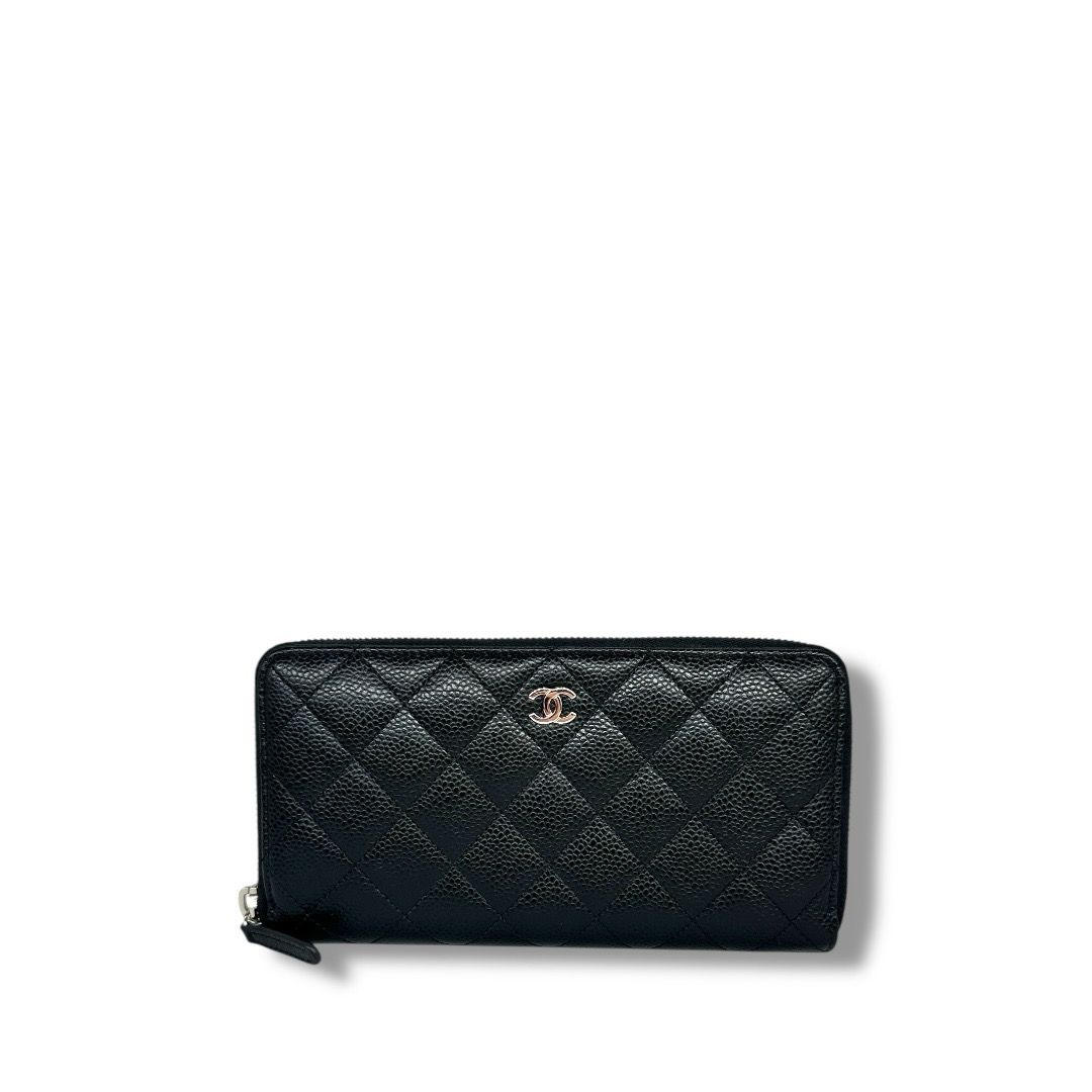 Chanel Black Quilted Caviar Zip Around Wallet