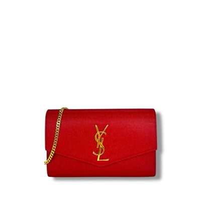 Saint Laurent Red Grain De Poudre Monogram Uptown Chain Wallet