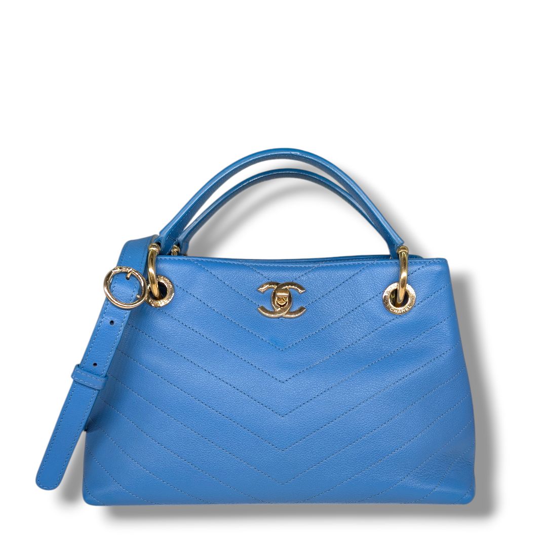 Chanel Blue Calfskin Stitched Large Chevron Chic Shopping Tote