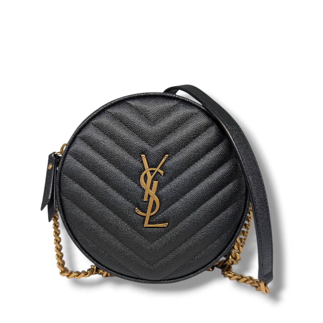 Saint Laurent Grain De Poudre Matelasse Chevron Quilted Round Vinyle Camera Bag.