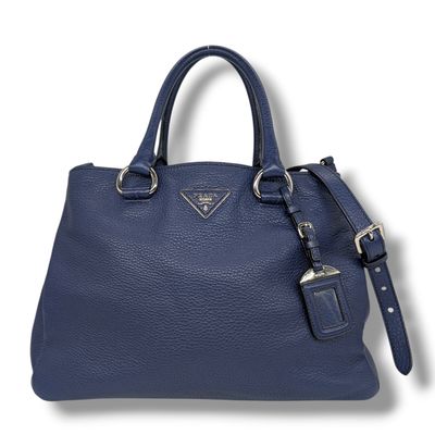 Prada Blue Pebbled Vitello Daino Tote