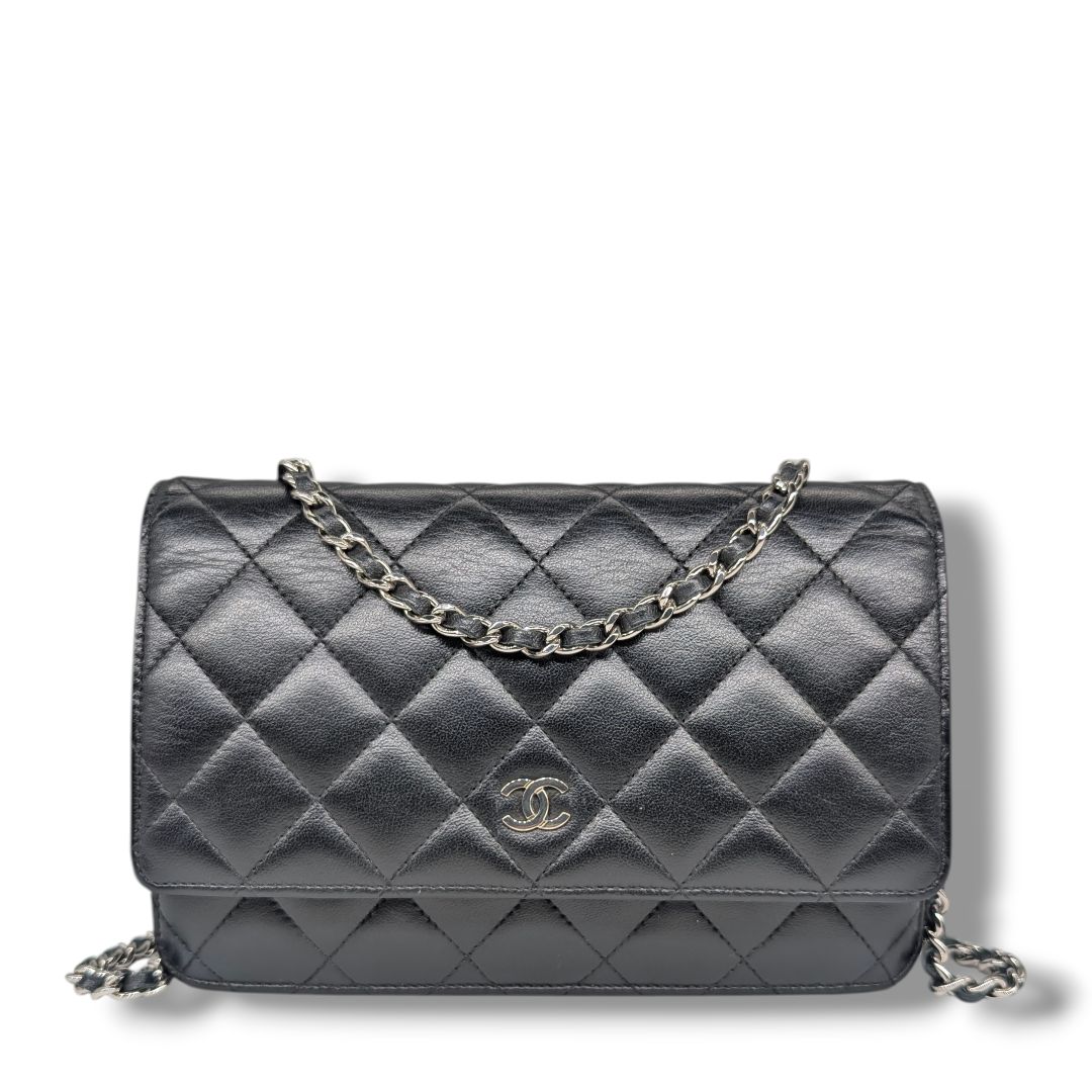 Chanel Black Calfskin Quilted Wallet On Chain