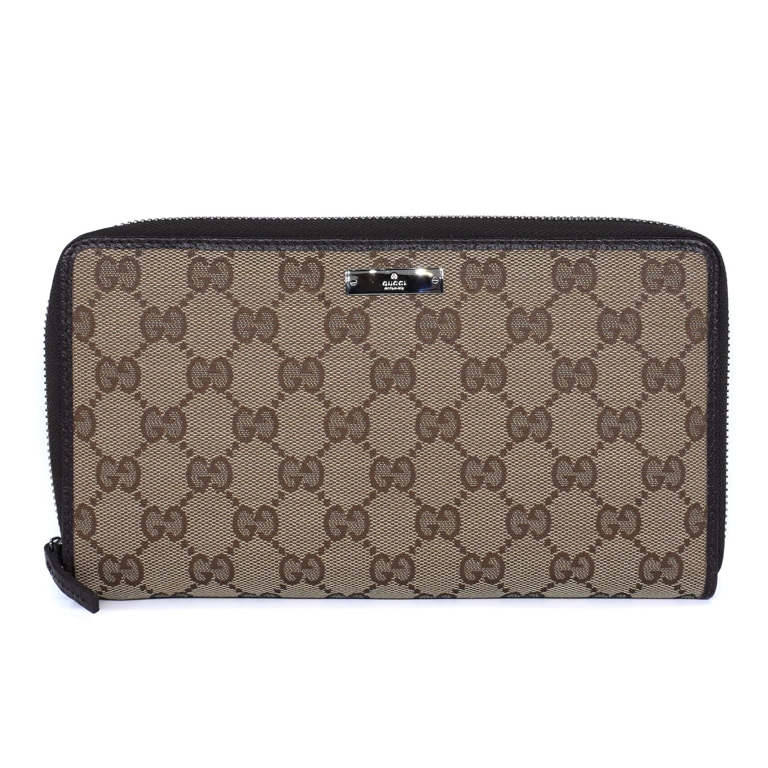 Gucci GG Monogram Canvas Metal Bar Zip Around Wallet