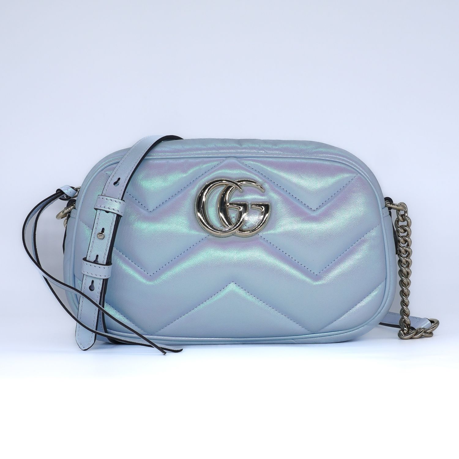 Gucci Iridescent Nappa Chevron Matelasse Small GG Marmont Chain Shoulder Bag