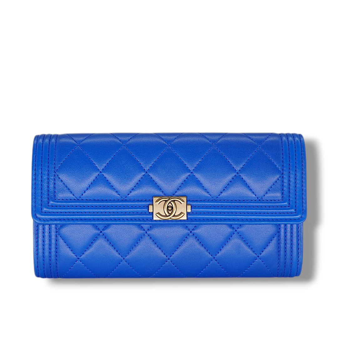 Chanel Blue Lambskin Quilted Large Boy Gusset Flap Wallet