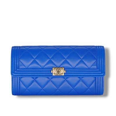 Chanel Blue Lambskin Quilted Large Boy Gusset Flap Wallet