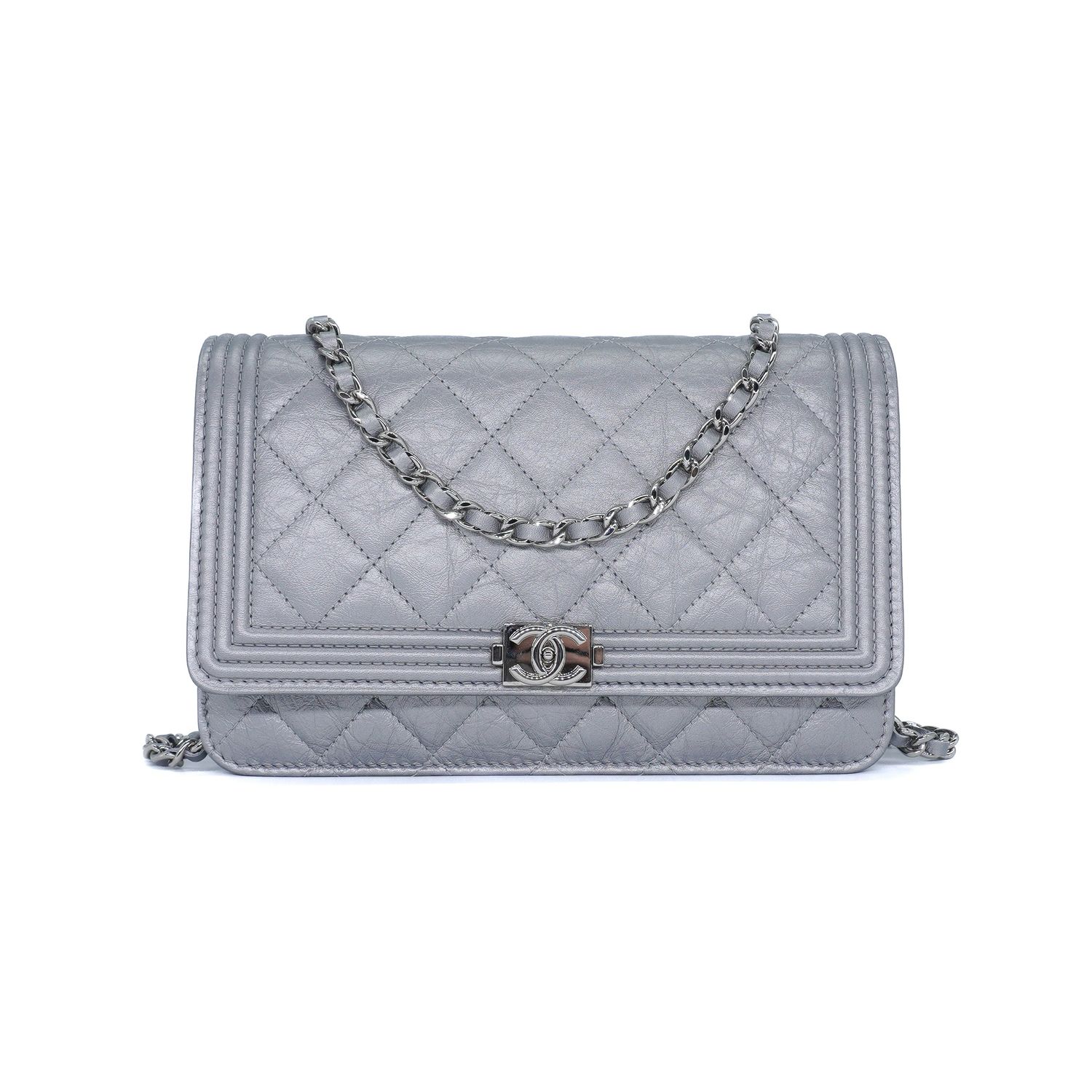 Chanel Quilted Aged Calfskin Grey Metallic Boy Wallet On Chain