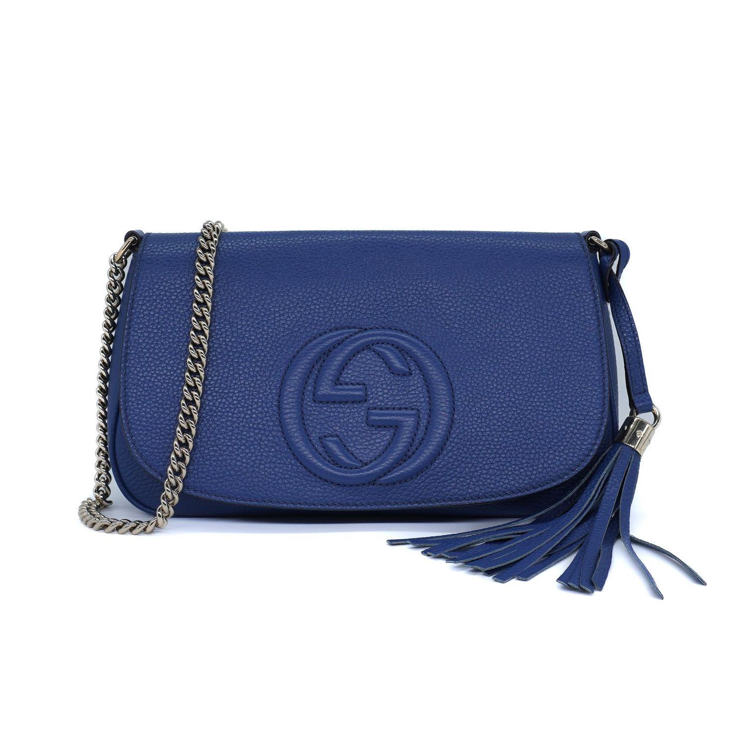 Gucci Blue Pebbled Calfskin Medium Soho Flap Crossbody