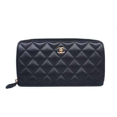 Chanel Quilted Black Caviar Large Gussest Zip Around Wallet