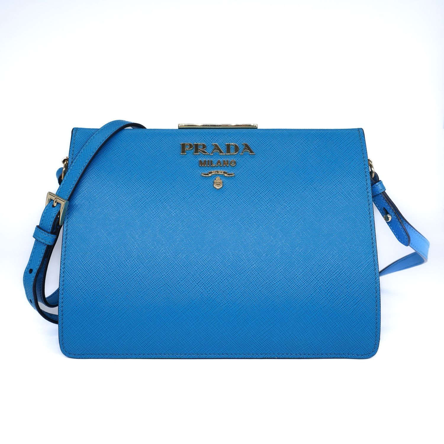 Prada Blue Saffiano City Calf Light Frame Bag