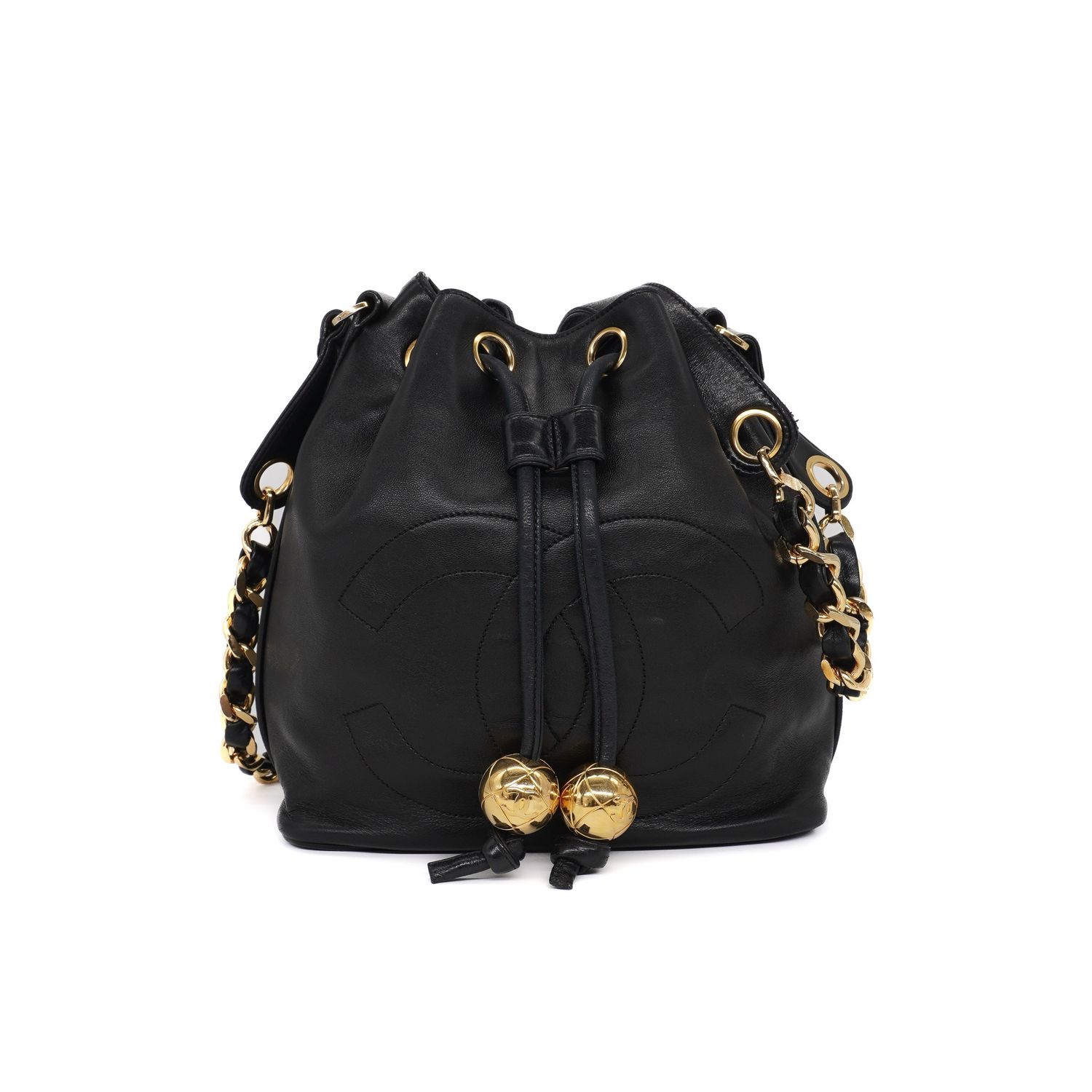 Chanel Black Lambskin CC Chain Drawstring Bag