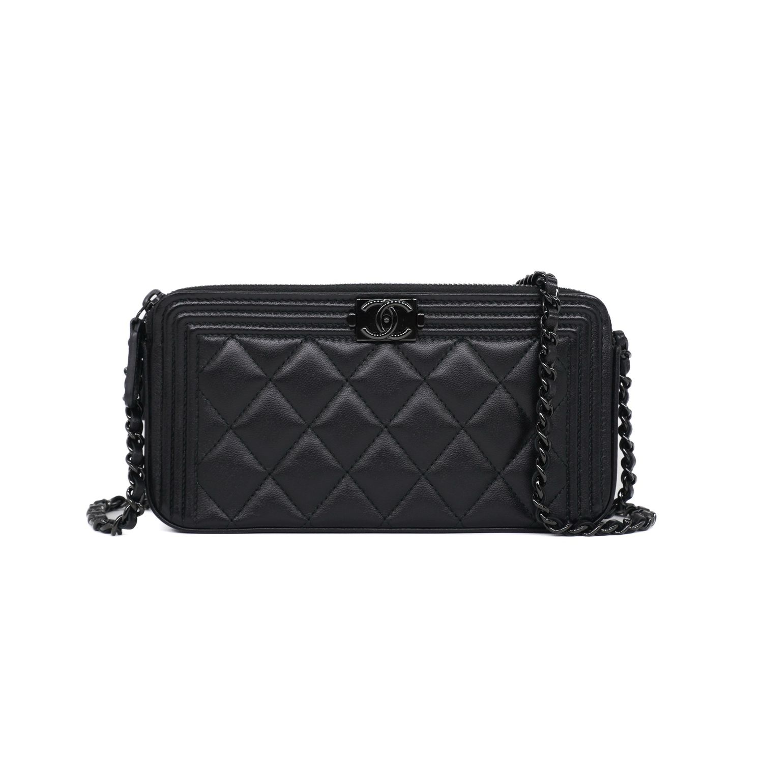 Chanel Black Quilted Lambskin Small Boy Double Zip Clutch With Chain