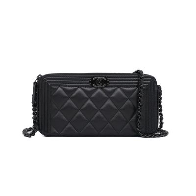 Chanel Black Quilted Lambskin Small Boy Double Zip Clutch With Chain