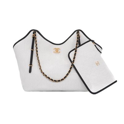 Chanel White Braided Raffia Small Shopping Hobo Bag