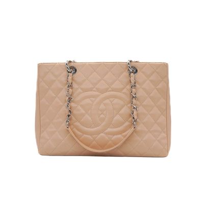 Chanel Tan Caviar Quilted Grand Shopping Tote