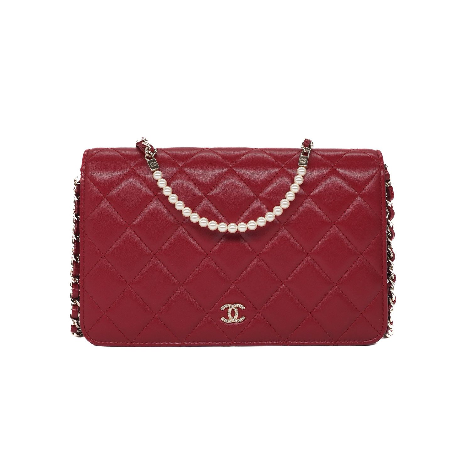 Chanel Deep Red Quilted Lambskin WOC With Pearl Accents
