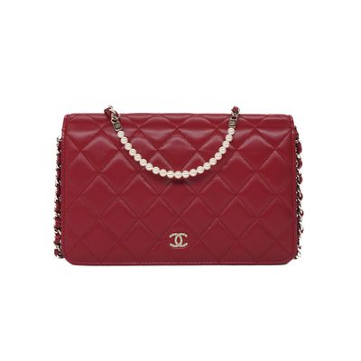 Chanel Deep Red Quilted Lambskin WOC With Pearl Accents