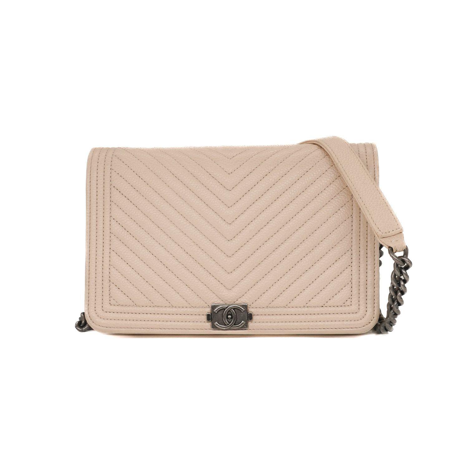 Chanel Cream Caviar Chevron Boy Wallet ON Chain