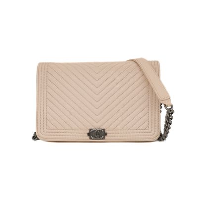 Chanel Cream Caviar Chevron Boy Wallet ON Chain