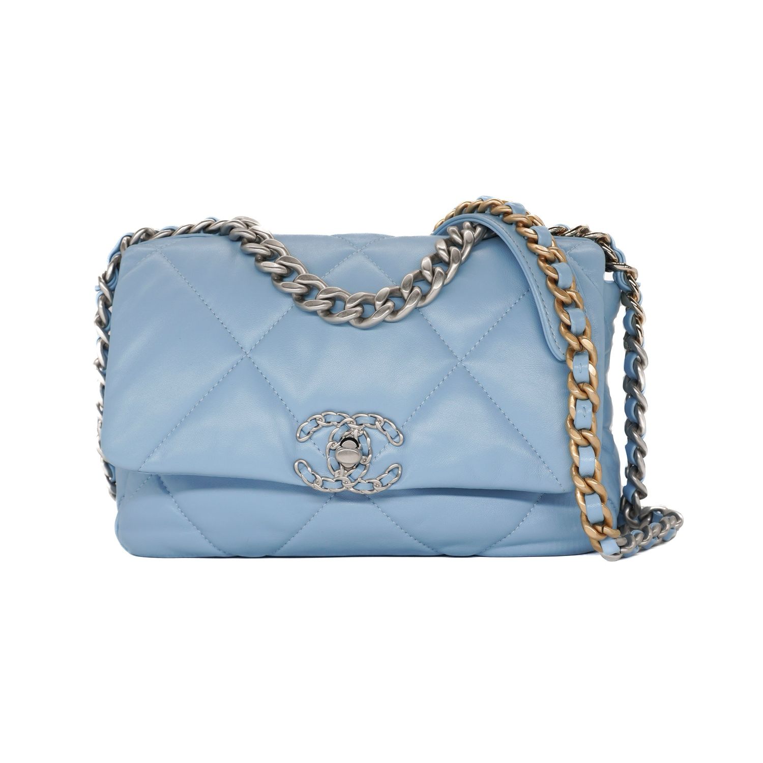 Chanel Shiny Sky Blue Lambskin Quilted Medium Chanel 19 Flap