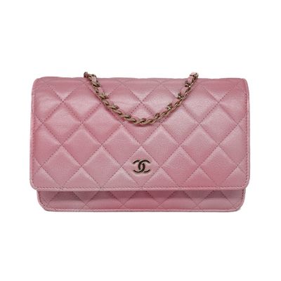 Chanel Pink Iridescent Calfskin Quilted Wallet On Chain