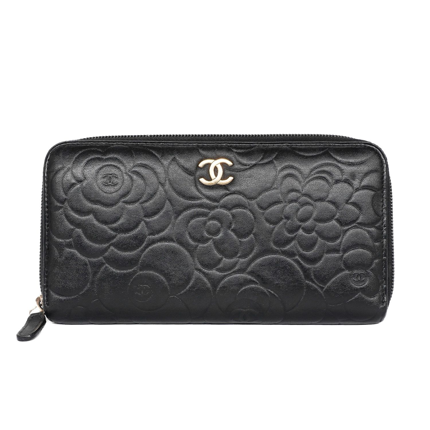 Chanel Black Lambskin Camellia Embossed Large Zip Around Gusset Wallet