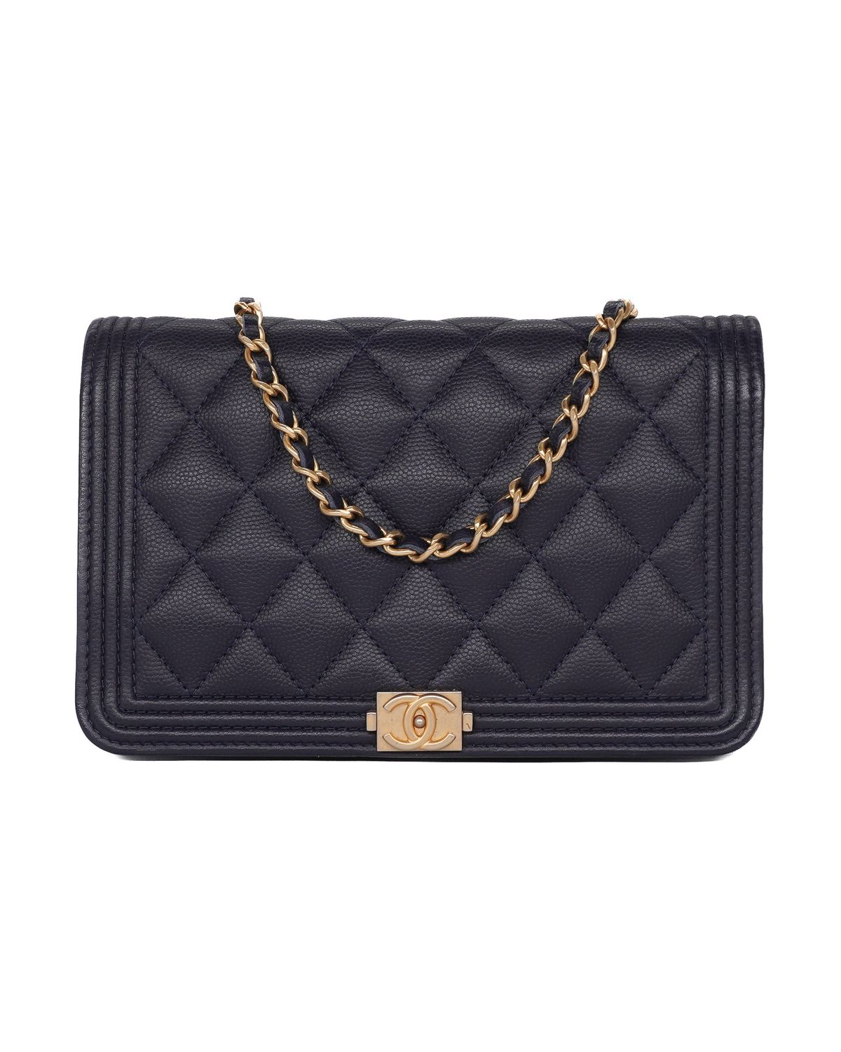Chanel Navy Caviar Quilted Boy Wallet On Chain