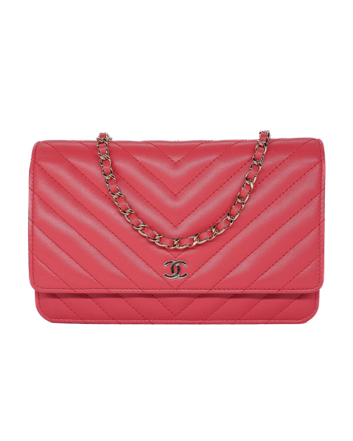 Chanel Pink Lambskin Chevron Quilted Wallet On Chain